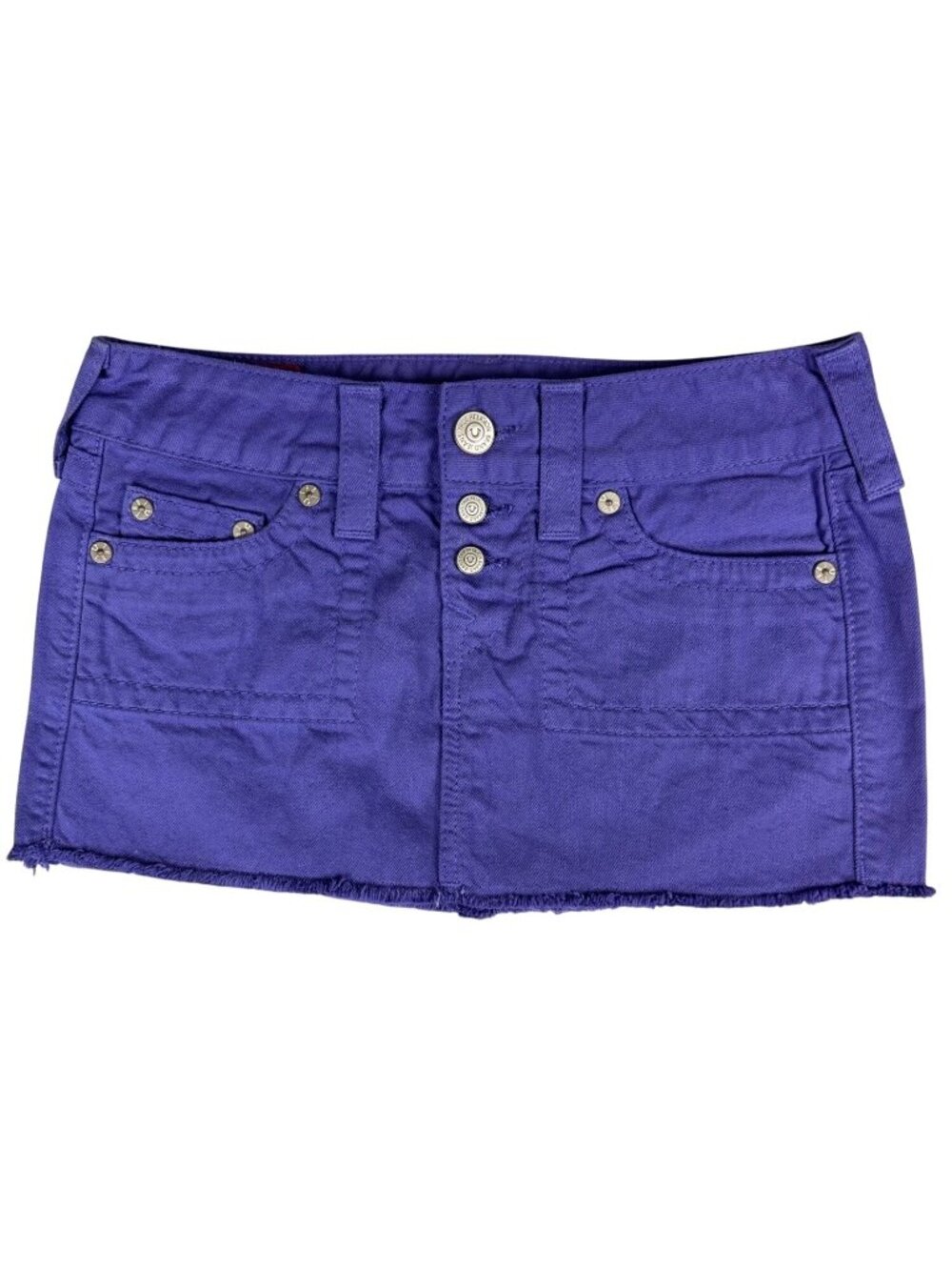 True Religion Purple Denim Mini Skirt 26 Frayed Hem USA Travel Cheeky Retro
